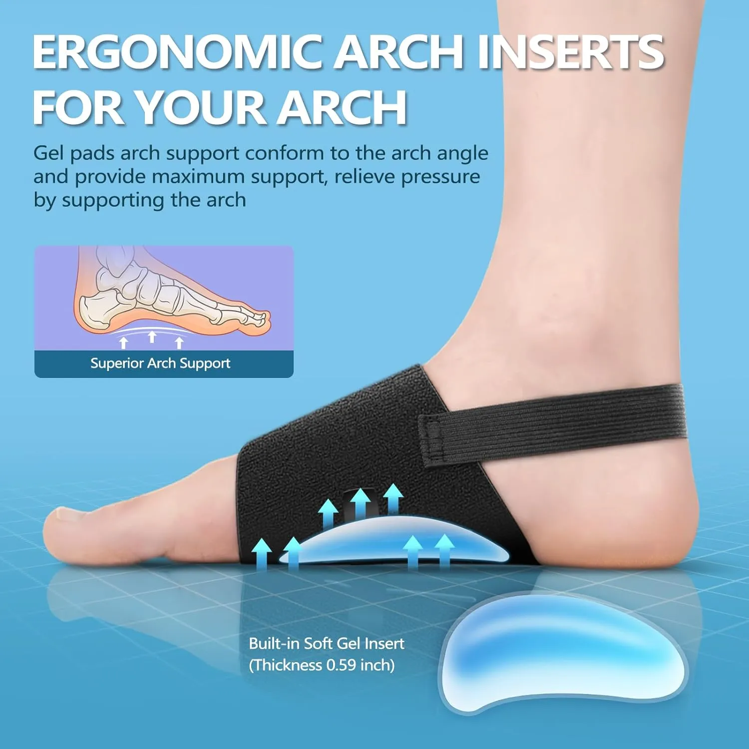 Arch Support Braces for Plantar Fasciitis Relief, Adjustable Compression Bands with Gel Pad Orthotics Inserts for Feet Flat, High & Fallen Arches, Foot Support(Anti-Slip Strips)