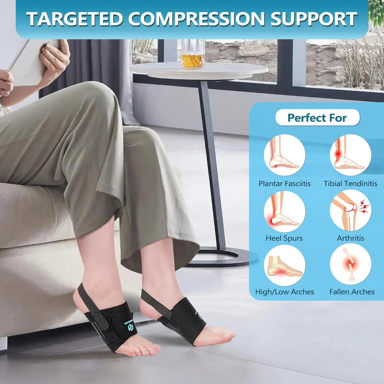 Arch Support Braces for Plantar Fasciitis Relief, Adjustable Compression Bands with Gel Pad Orthotics Inserts for Feet Flat, High & Fallen Arches, Foot Support(Anti-Slip Strips)