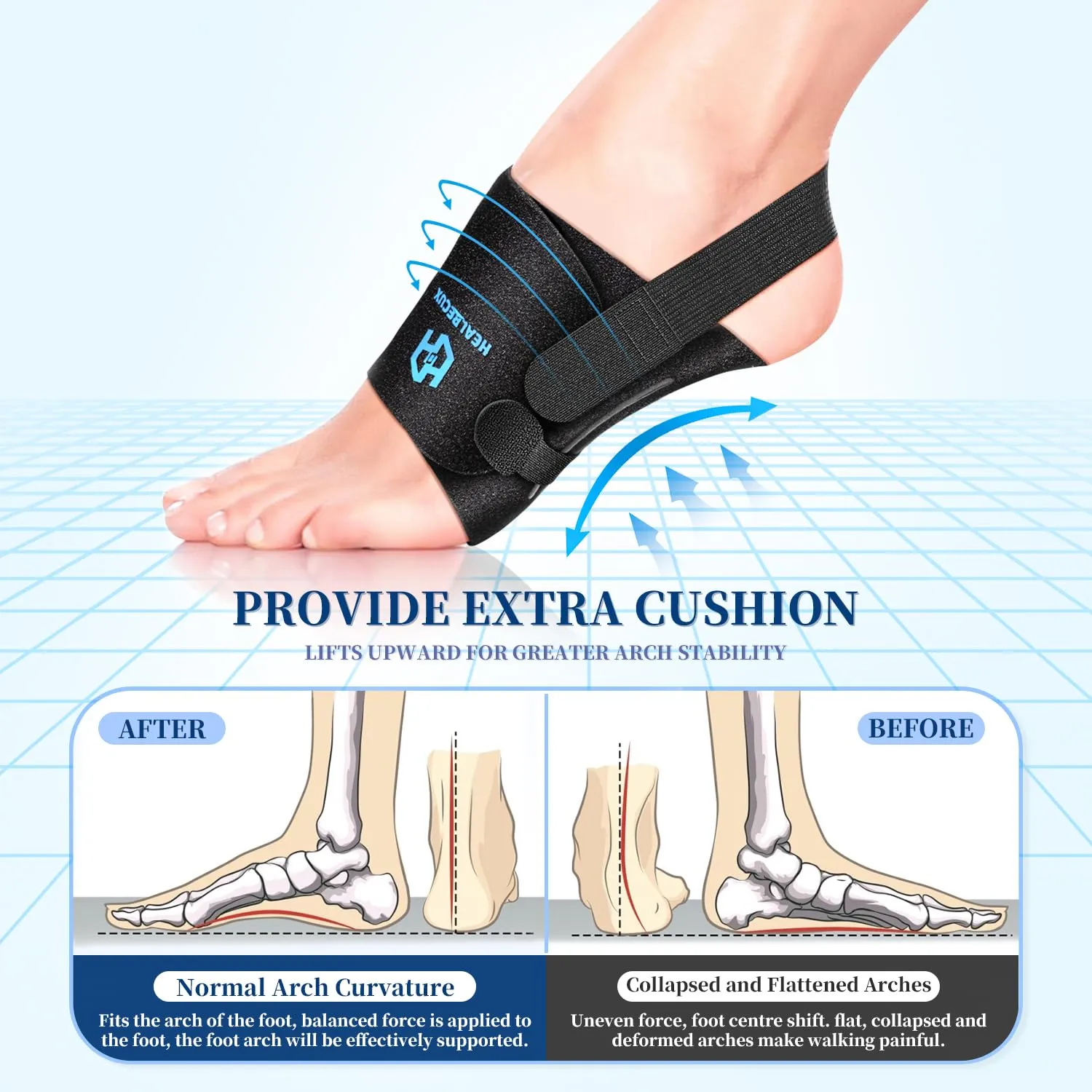 Arch Support Braces for Plantar Fasciitis Relief, Adjustable Compression Bands with Gel Pad Orthotics Inserts for Feet Flat, High & Fallen Arches, Foot Support(Anti-Slip Strips)