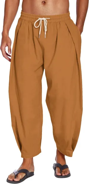 COOFANDY Men's Cotton Linen Harem Pants Drawstring Casual Cropped Trousers Lightweight Loose Beach Yoga Pants with Pockets