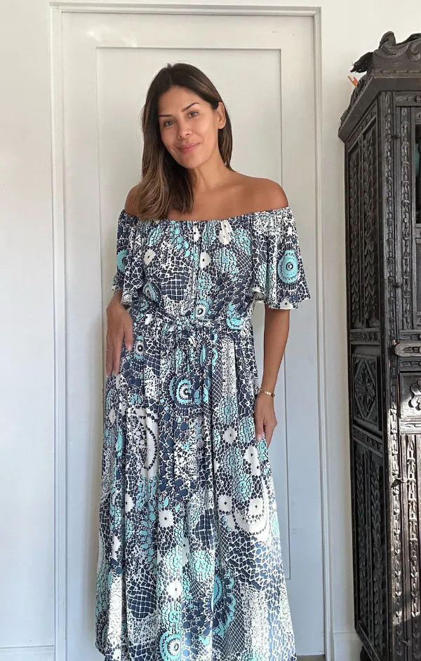 Flair Sleeve Off Shoulder Belted Dress