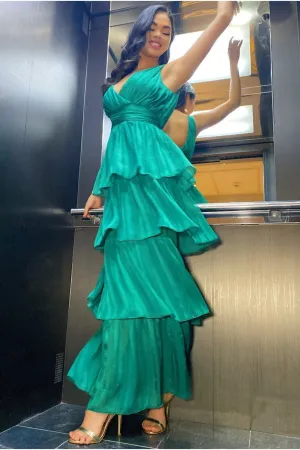 Goddiva Tiered Chiffon Maxi Dress - Emerald