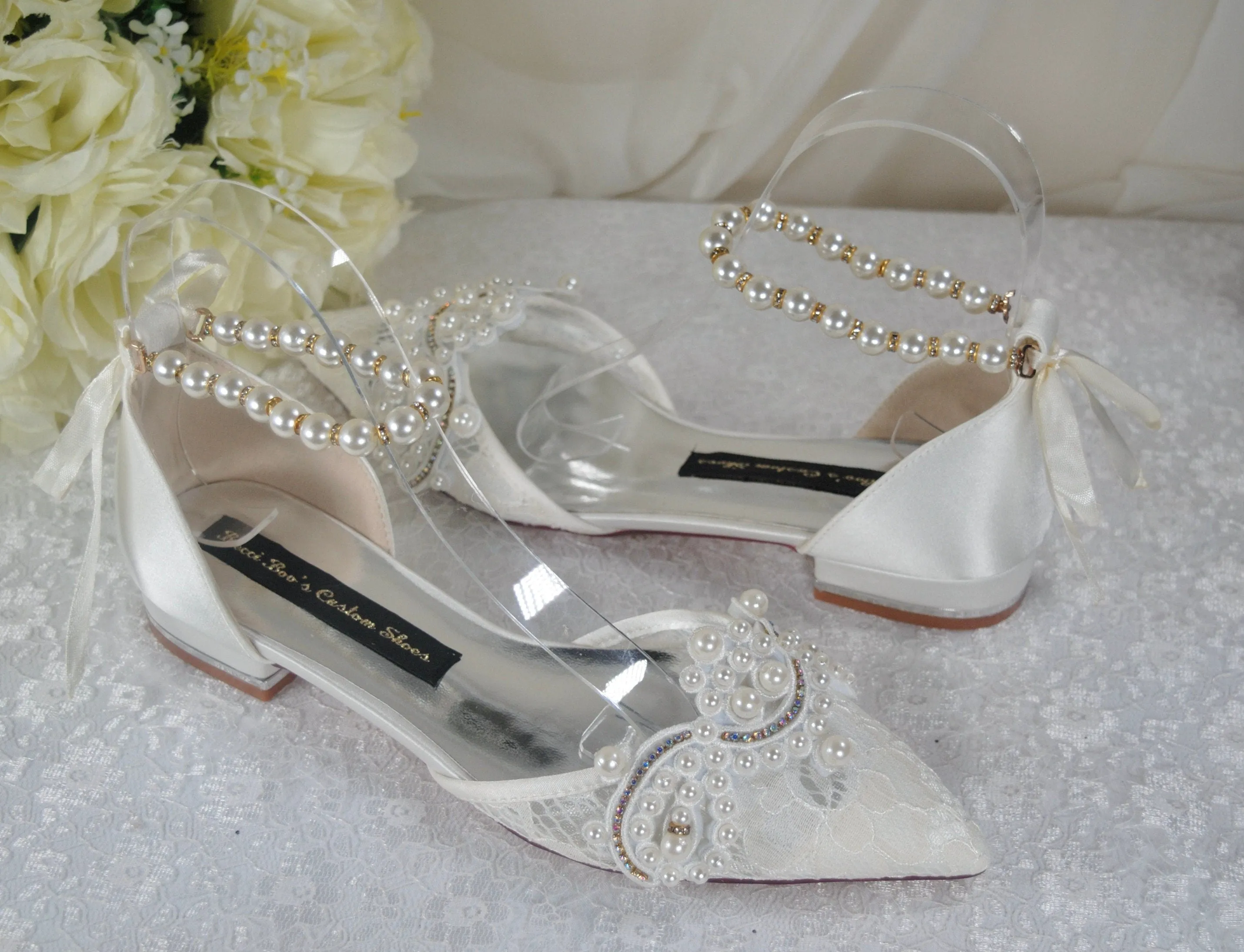 Ivory Lace Pointy Toe Flats with Small Pearl - Size UK4/US6.5
