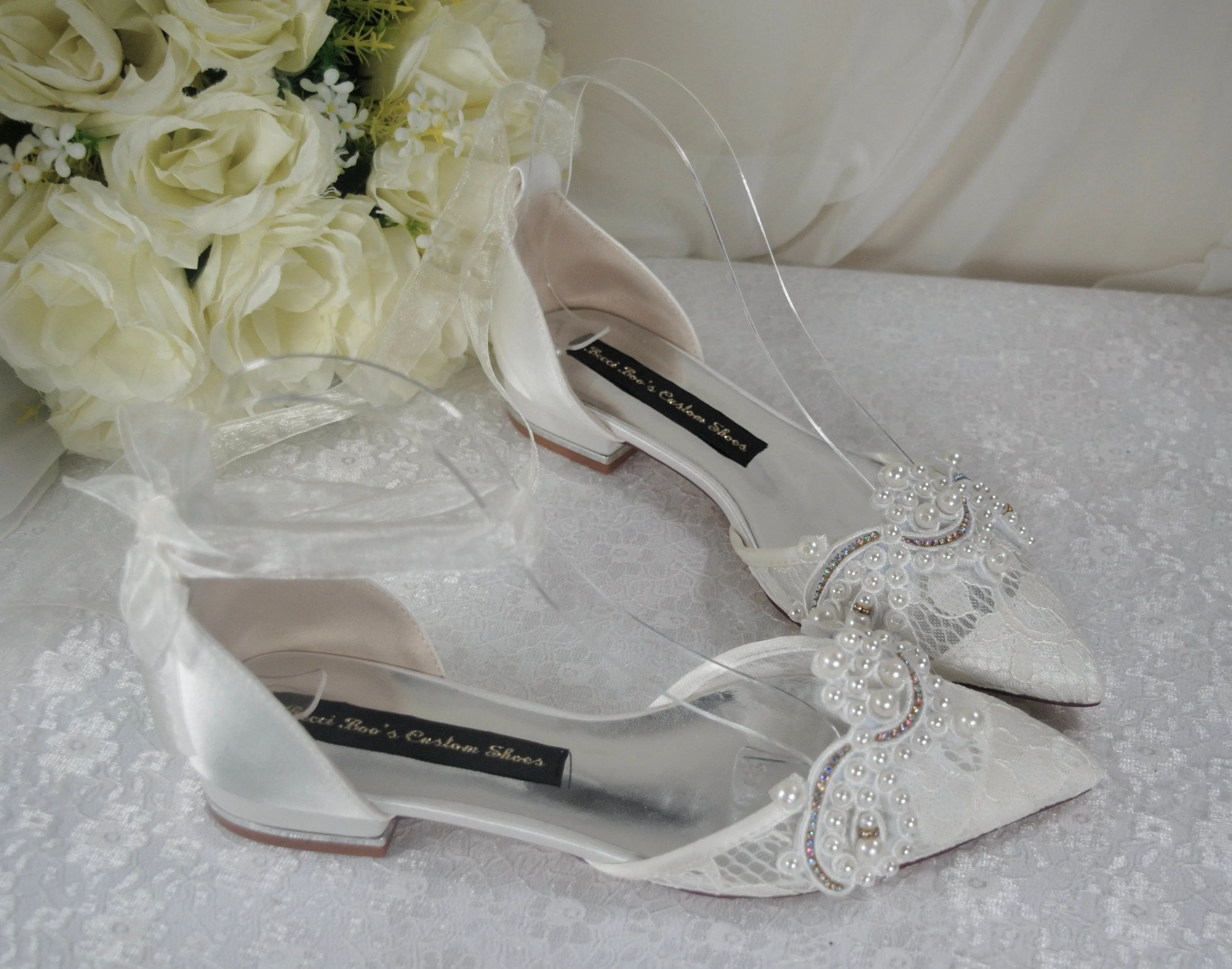 Ivory Lace Pointy Toe Flats with Small Pearl - Size UK4/US6.5