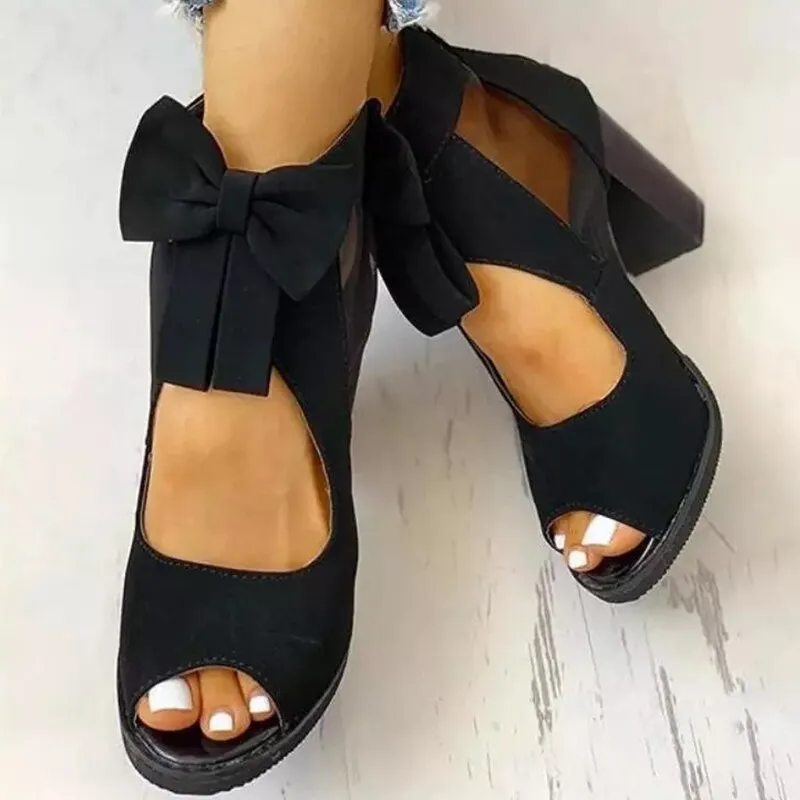 Ladies High Heel Summer Platform Sandals Elegant Butterfly Knot Sandals Back Zip Up Black and Blue 35-42