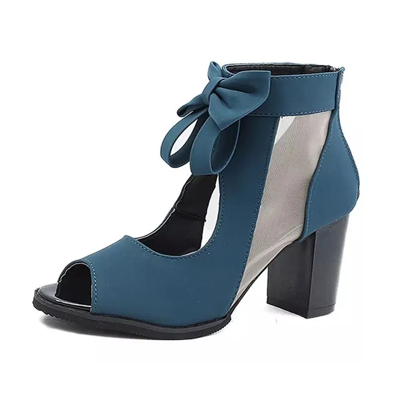 Ladies High Heel Summer Platform Sandals Elegant Butterfly Knot Sandals Back Zip Up Black and Blue 35-42