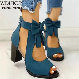 Ladies High Heel Summer Platform Sandals Elegant Butterfly Knot Sandals Back Zip Up Black and Blue 35-42