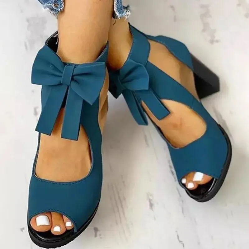 Ladies High Heel Summer Platform Sandals Elegant Butterfly Knot Sandals Back Zip Up Black and Blue 35-42