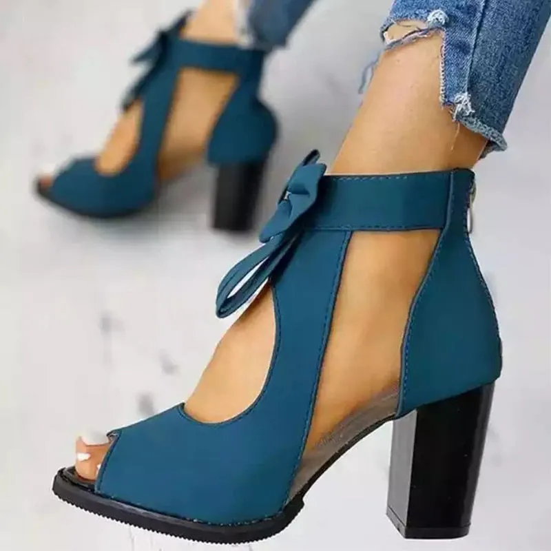 Ladies High Heel Summer Platform Sandals Elegant Butterfly Knot Sandals Back Zip Up Black and Blue 35-42
