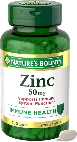 Natures Bounty Zinc 50mg, Immune Support & Antioxidant Supplement, Promotes Skin Health 250 Caplets