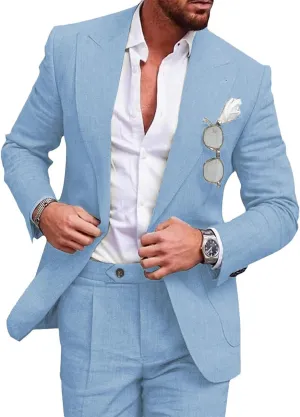 UNINUKOO Linen Suit for Men Summer Wedding 2 Piece Suit Set Peak Lapel Casual Blazer Pants Beach Wear for Men